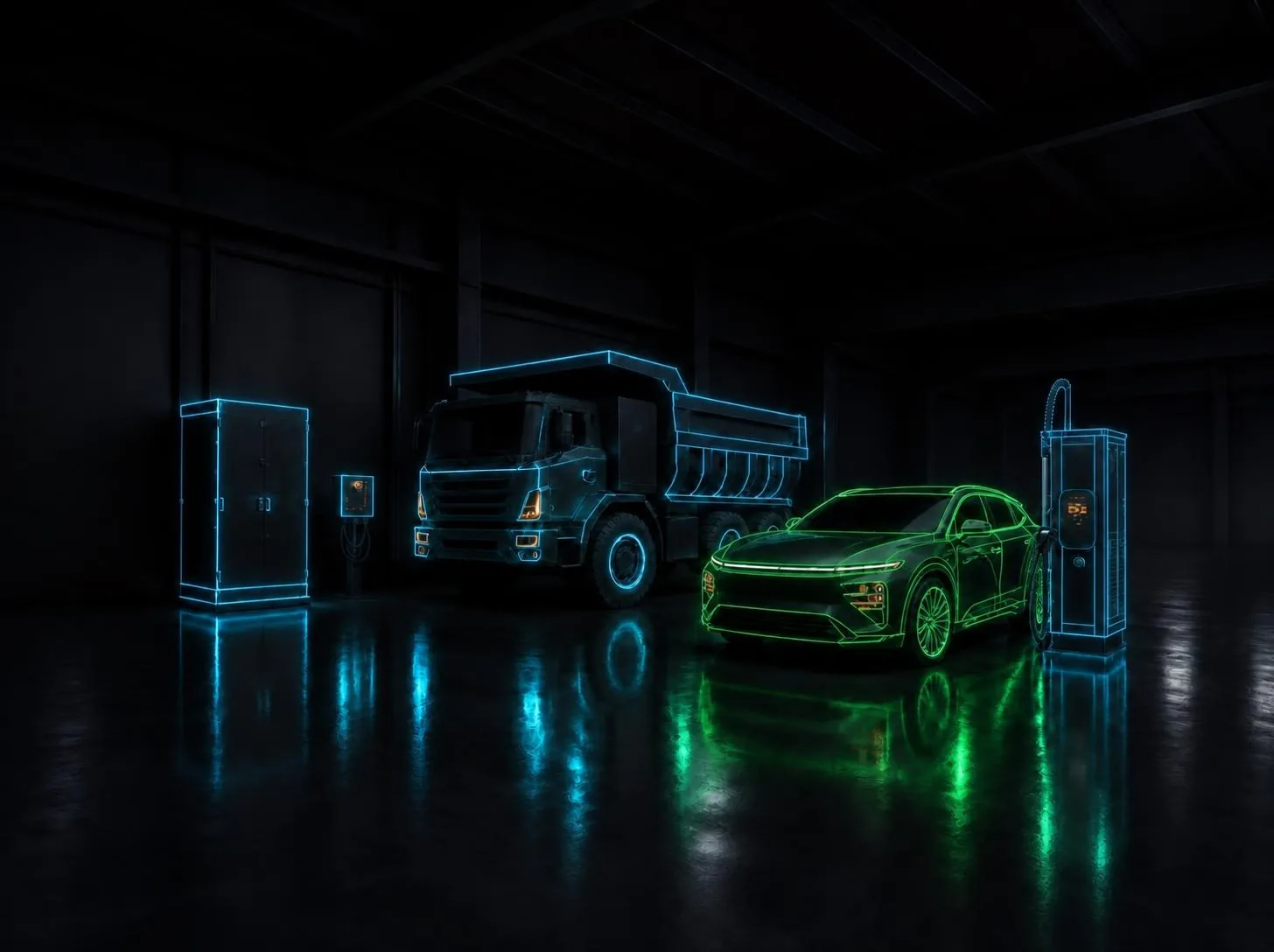 Illustration aux couleurs HTK IRVE Solutions : une Power Unit Kempower avec un Control Unit devant un camion-benne électrique SANY SKT105E et un Mega Satellite devant un SUV XPeng G9